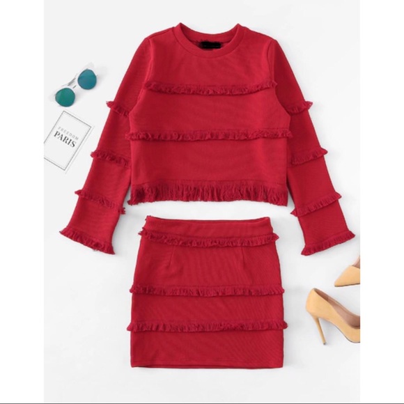 amourOC Dresses & Skirts - Textured Fringe Crop Top & Skirt Set